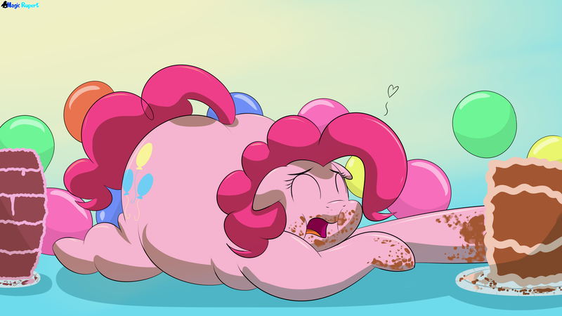 Size: 2560x1440 | Tagged: safe, artist:rupertbluefox, derpibooru import, pinkie pie, earth pony, pony, series:30 dayz of pinks, balloon, cake, eyes closed, fat, female, floppy ears, food, heart, mare, messy eating, obese, open mouth, piggy pie, pudgy pie, solo, stuffed