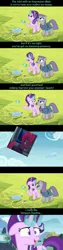 Size: 960x3840 | Tagged: safe, derpibooru import, edit, edited screencap, screencap, maud pie, starlight glimmer, tempest shadow, earth pony, pony, unicorn, my little pony: the movie, rock solid friendship, canterlot, canterlot castle, close-up, comic, cropped, glowing horn, grin, happy, kite, kite flying, levitation, magic, meadow, mountain, ponyville, screencap comic, smiling, smirk, telekinesis, text, tree