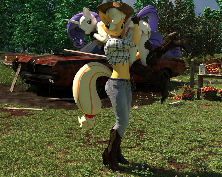 Size: 1800x1440 | Tagged: safe, artist:tahublade7, derpibooru import, applejack, rarity, anthro, plantigrade anthro, 3d, apple, basket, boots, car, carrying, clothes, daz studio, female, food, front knot midriff, gloves, lesbian, mercury (car), mercury cougar, mercury cougar eliminator, midriff, mud, panties, pants, rarijack, shipping, shoes, story in the source, underwear