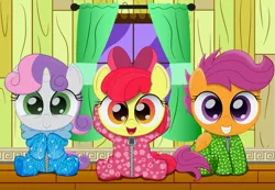 Size: 1739x1200 | Tagged: adorabloom, apple bloom, artist:spellboundcanvas, bronybait, clothes, cute, cutealoo, cutie mark crusaders, derpibooru import, diasweetes, footed sleeper, hnnng, onesie, pajamas, safe, scootaloo, sweetie belle, weapons-grade cute