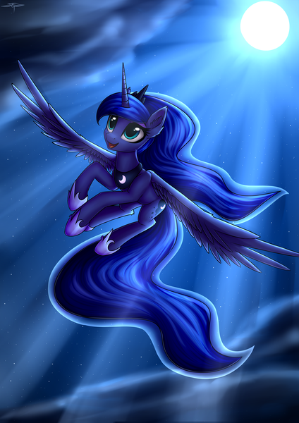 Size: 4786x6768 | Tagged: safe, artist:setharu, derpibooru import, princess luna, alicorn, pony, absurd resolution, beautiful, cloud, commission, cute, ear fluff, female, flying, full moon, jewelry, looking up, lunabetes, mare, moon, night, regalia, signature, sky, smiling, solo, stars, sweet dreams fuel