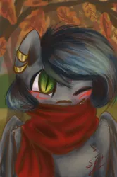 Size: 682x1026 | Tagged: safe, artist:elisdoominika, derpibooru import, oc, oc:notde, unofficial characters only, bat pony, autumn, bat pony oc, blushing, clothes, piercing, scarf, solo