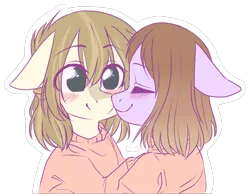 Size: 1326x1027 | Tagged: safe, artist:shiromidorii, derpibooru import, oc, oc:sabrina, oc:tegan, unofficial characters only, earth pony, pony, blushing, clothes, eyes closed, female, lesbian, mare, nuzzling, oc x oc, shipping, simple background, smiling, sweater, transparent background