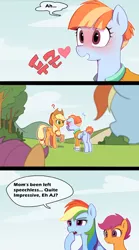 Size: 700x1259 | Tagged: safe, artist:conte0226, derpibooru import, edit, editor:xaxu-slyph, applejack, rainbow dash, scootaloo, windy whistles, pony, blushing, comic, cute, dialogue, excited, translation, windybetes