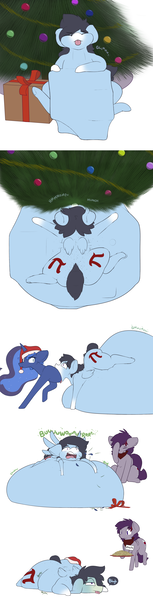 Size: 2000x7839 | Tagged: grimdark, questionable, artist:nom-sympony, derpibooru import, princess luna, oc, oc:pepci, oc:pepper dust, unofficial characters only, pony, belly, belly bed, burp, christmas, christmas tree, chubby, comic, cookie, digestion, eyes closed, facehoof, fat, female, fetish, food, freckles, hat, holiday, impossibly large belly, object stuffing, open mouth, present, puffy cheeks, santa hat, sick, sitting, solo, solo female, stomach noise, swallowing, tongue out, tree, underhoof, uvula, vore, weight gain