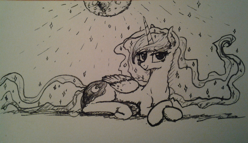 Size: 1991x1147 | Tagged: safe, artist:plotcore, derpibooru import, princess luna, alicorn, pony, female, inktober, looking at you, mare, moon, prone, solo, traditional art