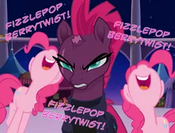 Size: 1415x1080 | Tagged: safe, derpibooru import, edit, edited screencap, screencap, fizzlepop berrytwist, pinkie pie, tempest shadow, earth pony, pony, unicorn, my little pony: the movie, angry, annoyed, armor, broken horn, duo, eye scar, female, mare, meme, scar, this will end in pain, triggered