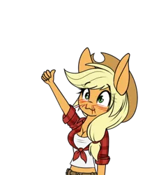 Size: 500x549 | Tagged: suggestive, artist:silverfox057, derpibooru import, applejack, anthro, earth pony, approved, blood, blushing, breasts, busty applejack, cleavage, clothes, cowboy hat, female, front knot midriff, hat, midriff, nosebleed, plaid shirt, shirt, simple background, solo, solo female, stetson, thumbs up, transparent background