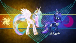 Size: 3840x2160 | Tagged: safe, artist:laszlvfx, artist:vector-brony, derpibooru import, edit, princess celestia, princess luna, alicorn, crystal pony, pony, crystallized, female, mare, royal sisters, sisters, vector, wallpaper, wallpaper edit