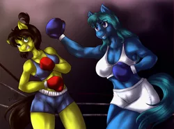 Size: 1000x744 | Tagged: anthro, artist:dslycaon, boxing, boxing gloves, breasts, clothes, derpibooru import, midriff, oc, oc:nina dasher, oc:uppercute, safe, sports, sports bra, unofficial characters only