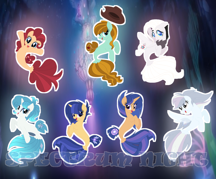 Size: 1969x1637 | Tagged: artist:spectrumnightyt, derpibooru import, female, hybrid, interspecies offspring, mare, oc, oc:blue stone, oc:galaxy swirls, oc:lucky hooves, oc:soft skills, oc:speed cloud, oc:tickle pie, oc:velvet sentry, offspring, parent:cheese sandwich, parent:discord, parent:flash sentry, parent:fluttershy, parent:pinkie pie, parents:cheesepie, parents:discoshy, parents:flashlight, parent:twilight sparkle, safe, seaponified, seapony (g4), species swap, unofficial characters only