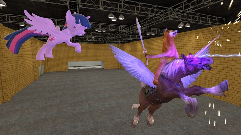 Size: 1280x720 | Tagged: 3d, alicorn, alicornified, artist:horsesplease, derpibooru import, disappointed, dog, doge, epona, facehoof, generic epona, gmod, horse, laser, magic, magic blast, oc, oc:sir benjamin, pew pew, race swap, safe, scimitar, shiba inu, sword, the legend of zelda, this will end in pain, this will end in tears, twilight sparkle, twilight sparkle (alicorn), upset, weapon