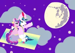 Size: 1024x724 | Tagged: safe, artist:sharpiesketches, derpibooru import, princess cadance, shining armor, a whole new world, aladdin, clothes, cosplay, costume, cover art, doormat, fairy tale, image, mare in the moon, moon, parody, pinkie tales, png, pointing, princess jasmine, saddle arabian nights shaladdin, shaladdin, simple background, sitting, stars