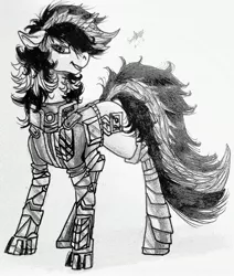 Size: 2632x3103 | Tagged: safe, artist:brainiac, derpibooru import, oc, oc:blackjack, unofficial characters only, cyborg, unicorn, fallout equestria, armor, black and white, collar, compact horn, female, floppy ears, grayscale, ink, inktober, inktober 2017, mare, monochrome, robot legs, solo, traditional art