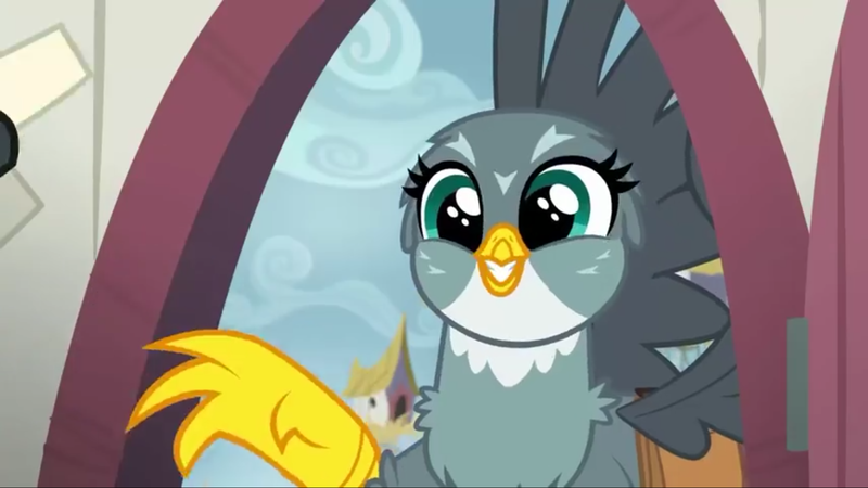 Size: 1920x1080 | Tagged: safe, derpibooru import, screencap, gabby, gryphon, the fault in our cutie marks, claw, cute, door, female, gabbybetes, griffonstone, grin, happy, smiling, solo, spread wings, wings