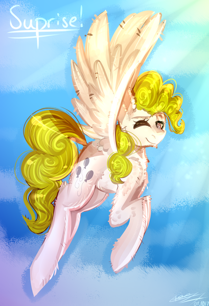 Size: 1024x1504 | Tagged: safe, artist:sakishithewolf, derpibooru import, surprise, pony, flying, one eye closed, solo, wink