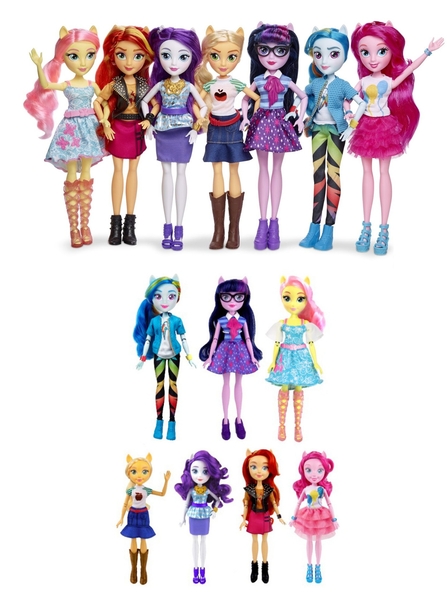 Size: 1201x1611 | Tagged: safe, derpibooru import, applejack, fluttershy, pinkie pie, rainbow dash, rarity, sci-twi, sunset shimmer, twilight sparkle, equestria girls, equestria girls series, boots, clothes, comparison, doll, dress, merchandise, shirt, shoes, skirt, toy