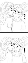 Size: 893x1974 | Tagged: safe, artist:pshyzomancer, derpibooru import, sci-twi, sunset shimmer, twilight sparkle, equestria girls, :o, confused, exclamation point, eyes closed, female, frown, lesbian, licking, lineart, monochrome, open mouth, scitwishimmer, shipping, simple background, sniffing, sunsetsparkle, surprised, tongue out, white background