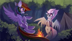 Size: 3053x1746 | Tagged: safe, artist:ramiras, derpibooru import, fleetfoot, rainbow dash, pegasus, pony, camping, clearing, commission, female, fire, fireplace, fleetdash, flying, forest, jewelry, looking at each other, necklace, shipping, smiling, tent, wallpaper