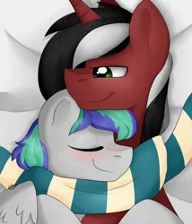 Size: 3000x3500 | Tagged: safe, artist:littledreamycat, derpibooru import, oc, oc:phantom, oc:storm feather, unofficial characters only, pegasus, pony, bed, blushing, clothes, cuddling, eyes closed, gay, male, red and black oc, scarf, shared clothing, shared scarf