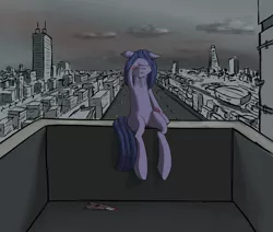 Size: 2000x1699 | Tagged: grimdark, artist:kopaleo, derpibooru import, oc, oc:cosmia nebula, unofficial characters only, pony, blood, box cutter, city, cityscape, crying, self harm, sitting, solo