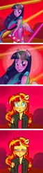 Size: 1280x5170 | Tagged: safe, artist:puffpink, derpibooru import, sunset shimmer, twilight sparkle, twilight sparkle (alicorn), equestria girls, rainbow rocks, blushing, comic, cute, female, horn, lesbian, looking at each other, microphone, ponied up, shimmerbetes, shipping, smiling, sunsetsparkle, tsundere, tsunset shimmer