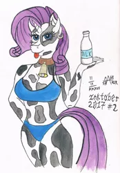 Size: 1994x2863 | Tagged: suggestive, artist:mane-shaker, derpibooru import, rarity, anthro, cow, bell, bell collar, bikini, breasts, clothes, collar, colored, cowbell, cowified, ear piercing, earring, female, horns, inktober, inktober 2017, jewelry, milk, piercing, raricow, simple background, solo, solo female, species swap, swimsuit, tongue out, traditional art, white background