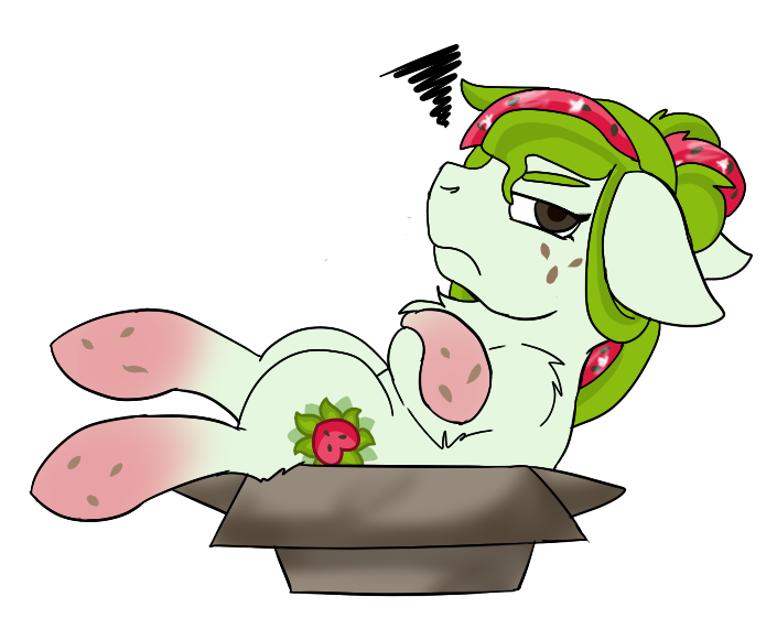 Size: 705x571 | Tagged: safe, artist:alises-adopts, derpibooru import, oc, oc:watermelana, ponified, unofficial characters only, pony, angry, annoyed, arm fluff, box, chest fluff, crossed arms, crossed hooves, floppy ears, food, freckles, frown, glare, gradient hooves, if i fits i sits, leg fluff, looking at you, miffed, on back, pony in a box, shoulder fluff, simple background, solo, unamused, white background