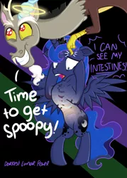 Size: 3445x4823 | Tagged: safe, artist:darkest-lunar-flower, derpibooru import, discord, princess luna, alicorn, draconequus, pony, bipedal, cute, discute, female, guts, halo, heart, intestines, kidney, liver, lungs, male, mare, ribs, see-through, spoopy, stomach, transparent flesh