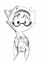 Size: 2340x3528 | Tagged: safe, artist:tjpones, derpibooru import, ponified, earth pony, pony, black and white, book, bust, cute, freckles, glasses, grayscale, hairband, hoof hold, inktober, little witch academia, lotte yanson, monochrome, nightfall, simple background, solo, traditional art, white background