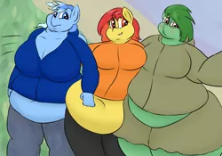 Size: 3346x2343 | Tagged: anthro, artist:lupin quill, bbw, belly, belly button, big belly, big breasts, blushing, breasts, chubby cheeks, clothes, derpibooru import, fat, female, females only, hoodie, jeans, obese, oc, oc:abilene, oc:flamespitter, oc:frostflame, pants, selfie, skirt, ssbbw, suggestive, thunder thighs, tight clothing, unofficial characters only