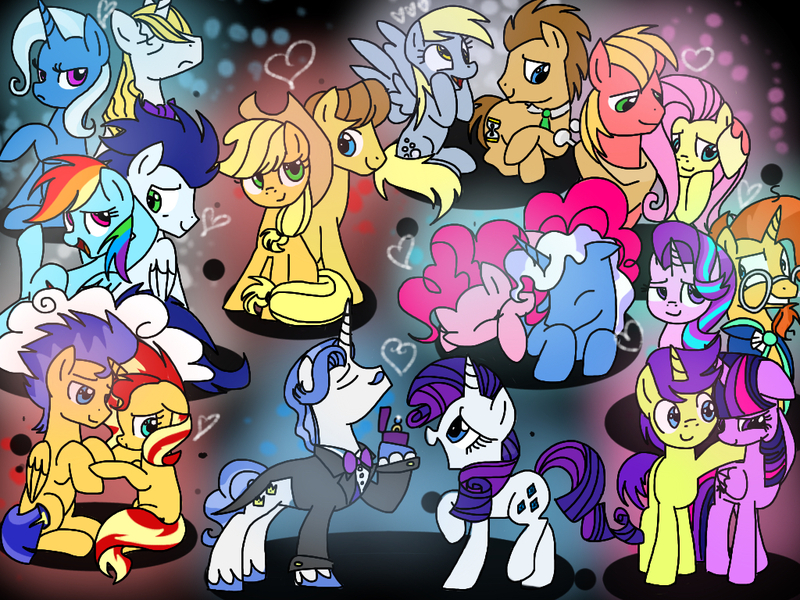 Size: 1024x768 | Tagged: safe, artist:andromedasparkz, derpibooru import, applejack, big macintosh, caramel, comet tail, derpy hooves, doctor whooves, fancypants, flash sentry, fluttershy, pinkie pie, pokey pierce, prince blueblood, rainbow dash, rarity, soarin', starlight glimmer, sunburst, sunset shimmer, time turner, trixie, twilight sparkle, twilight sparkle (alicorn), alicorn, pony, bluetrix, carajack, cometlight, doctorderpy, female, flashimmer, fluttermac, male, pokeypie, raripants, shipping, soarindash, starburst, straight