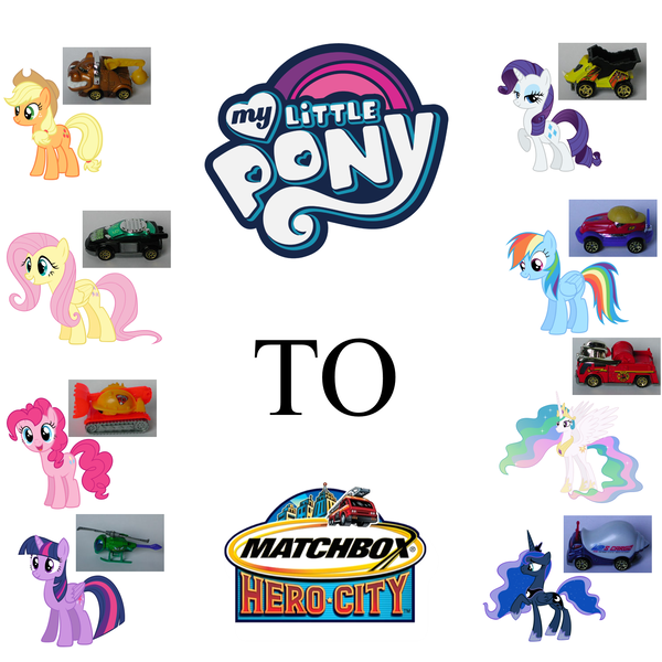 Size: 1500x1500 | Tagged: safe, derpibooru import, applejack, fluttershy, pinkie pie, princess celestia, princess luna, rainbow dash, rarity, twilight sparkle, alicorn, character comparison, matchbox (diecast), matchbox hero city, recast, twilight sparkle (alicorn)