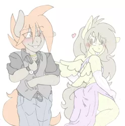 Size: 1785x1800 | Tagged: anthro, artist:blackbewhite2k7, ass, blushing, button mash, clothes, crossdressing, date, derpibooru import, dress, feathermash, featherweight, femboy, gay, heart, male, older, safe, shipping, sketch, suit, trap