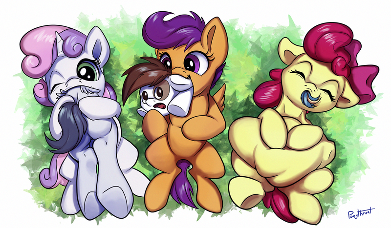 Size: 1500x876 | Tagged: apple bloom, artist:ponythroat, belly, cutie mark crusaders, derpibooru import, fetish, pipsqueak, predbloom, questionable, rumble, scootaloo, scootapred, skeedaddle, soft vore, swallowing, sweetie belle, sweetiepred, vore