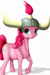 Size: 1520x2265 | Tagged: safe, artist:samum41, derpibooru import, pinkie pie, earth pony, pony, not asking for trouble, female, helmet, honorary yak horns, horned helmet, mare, realistic anatomy, simple background, smiling, snow, solo, viking helmet, white background