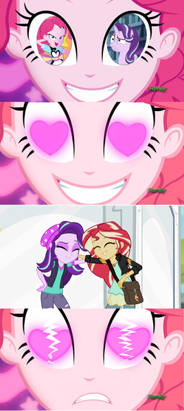 Size: 1280x2864 | Tagged: safe, derpibooru import, starlight glimmer, sunset shimmer, coinky-dink world, eqg summertime shorts, equestria girls, female, glimmerpie, heart eyes, heartbreak, lesbian, meme, pinkie's eyes, shimmerglimmer, shipping, shipping denied, subversion, subverted meme, wingding eyes