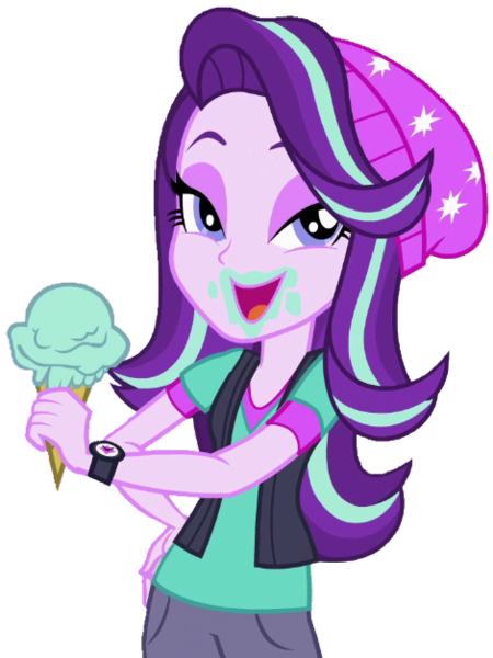Size: 470x626 | Tagged: safe, artist:thebar, derpibooru import, starlight glimmer, equestria girls, mirror magic, spoiler:eqg specials, beanie, bedroom eyes, clothes, female, food, hand on hip, hat, ice cream, looking at you, messy eating, open mouth, simple background, solo, transparent background, vector, vest, watch, wristwatch