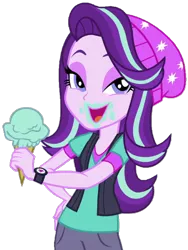 Size: 470x626 | Tagged: safe, artist:thebar, derpibooru import, starlight glimmer, equestria girls, mirror magic, spoiler:eqg specials, beanie, bedroom eyes, clothes, female, food, hand on hip, hat, ice cream, looking at you, messy eating, open mouth, simple background, solo, transparent background, vector, vest, watch, wristwatch