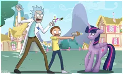 Size: 2500x1500 | Tagged: safe, artist:tici9090, derpibooru import, twilight sparkle, twilight sparkle (alicorn), alicorn, pony, crossover, fanart mashup challenge, morty smith, ponyville, portal gun (rick and morty), ray gun, rick and morty, rick sanchez