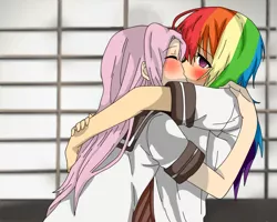 Size: 744x595 | Tagged: safe, artist:lizethehedgehog, derpibooru import, fluttershy, rainbow dash, human, anime, blushing, clothes, female, flutterdash, hug, humanized, kissing, lesbian, school uniform, shipping, trace, yuru yuri