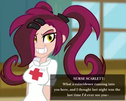 Size: 1000x800 | Tagged: safe, artist:wubcakeva, derpibooru import, oc, oc:scarlett, unofficial characters only, equestria girls, clothes, dialogue, equestria girls-ified, female, hospital, nurse, solo