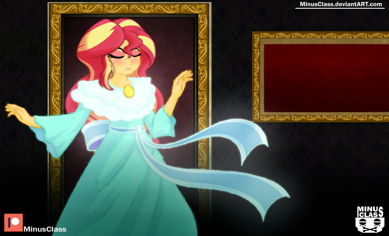 Size: 2470x1500 | Tagged: safe, artist:minusclass, derpibooru import, sunset shimmer, equestria girls, beautiful, clothes, dress, eyes closed, patreon, patreon logo, picture frame, smiling, solo