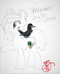 Size: 1024x1258 | Tagged: safe, artist:crystalizedflames, derpibooru import, oc, oc:soy sauce, unofficial characters only, bird, crow, earth pony, pony, female, mare, partial color, raised hoof, sketch, solo, traditional art