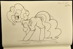 Size: 4138x2766 | Tagged: suggestive, artist:mang, derpibooru import, pinkie pie, bedroom eyes, clothes, inktober, monochrome, presenting, socks, solo, tongue out, traditional art