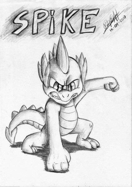 Size: 1656x2336 | Tagged: angry, artist:3500joel, derpibooru import, dragon, male, monochrome, safe, signature, solo, spike, traditional art