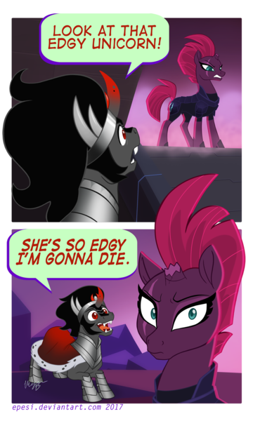 Size: 1092x1818 | Tagged: safe, artist:epesi, derpibooru import, fizzlepop berrytwist, king sombra, tempest shadow, pony, unicorn, my little pony: the movie, armor, broken horn, cape, clothes, comic, confused, curved horn, cute, despicable me, dialogue, edgy, eye scar, fanboy, female, glare, gritted teeth, horn, hypocrisy, hypocritical humor, looking at you, male, mare, meme, open mouth, parody, raised eyebrow, scar, shipping, smiling, sombradorable, sombrest, speech bubble, stallion, straight, wat, when he smiles, wide eyes
