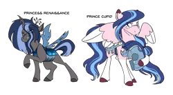 Size: 1600x883 | Tagged: safe, artist:torusthescribe, derpibooru import, oc, oc:cupid, oc:renaissance, unofficial characters only, changeling, hybrid, pegasus, pony, armor, female, half-siblings, interspecies offspring, male, offspring, parent:queen chrysalis, parent:shining armor, parents:shining chrysalis, simple background, stallion, transparent background