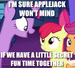 Size: 573x517 | Tagged: safe, derpibooru import, edit, edited screencap, screencap, apple bloom, scootaloo, twilight sparkle, twilight sparkle (alicorn), alicorn, earth pony, caption, female, filly, image macro, implied foalcon, innuendo, mare, meme, secret butt fun, this will end in jail time, twilight is a foal fiddler, wide eyes