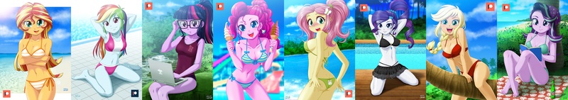 Size: 5655x1000 | Tagged: suggestive, alternate version, artist:uotapo, derpibooru import, edit, applejack, fluttershy, pinkie pie, rainbow dash, rarity, sci-twi, starlight glimmer, sunset shimmer, twilight sparkle, equestria girls, arm behind head, armpits, attached skirt, barefoot, beach, beach babe, beanie, belly button, bicolor swimsuit, bikini, bikini babe, black swimsuit, blue swimsuit, blushing, book, bottle, bow, bow swimsuit, braided ponytail, breasts, busty applejack, busty fluttershy, busty pinkie pie, busty rarity, busty starlight glimmer, busty sunset shimmer, cleavage, clothes, cloud, collage, computer, cutie mark swimsuit, dork, ear piercing, earring, feet, female, food, freckles, frilled swimsuit, glasses, green swimsuit, happy, hat, humane eight, humane five, humane seven, humane six, ice cream, ice cream cone, incorrect foot anatomy, jeweled swimsuit, jewelry, kneeling, lacy bikini, laptop computer, looking at you, mane six, mountain dew, multicolored hair, o-ring swimsuit, one-piece swimsuit, orange swimsuit, palm tree, partial nudity, patreon, patreon logo, piercing, pink swimsuit, ponytail, print clothing, product placement, purple swimsuit, rash guard, reading, red swimsuit, school swimsuit, sexy, shadowbolts swimsuit, side-tie bikini, skirt, smiling, soft serve, straddling, string bikini, striped swimsuit, stupid sexy pinkie, stupid sexy starlight glimmer, swimming pool, swimsuit, tree, underass, underboob, wall of tags, water, water park